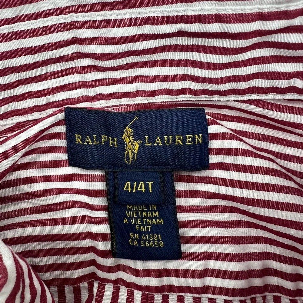 Ralph Lauren Boys Red/White Stripped Cotton Button Down Long Sleeve Shirt size 4